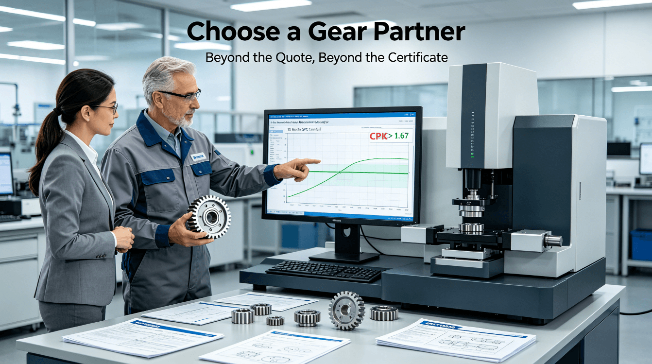 A manufacturing engineer and a procurement director evaluate a precision gear alongside 12 months of SPC chart data showing high Cpk, with quality documents and a defective sample on the workbench, in a modern manufacturing lab.